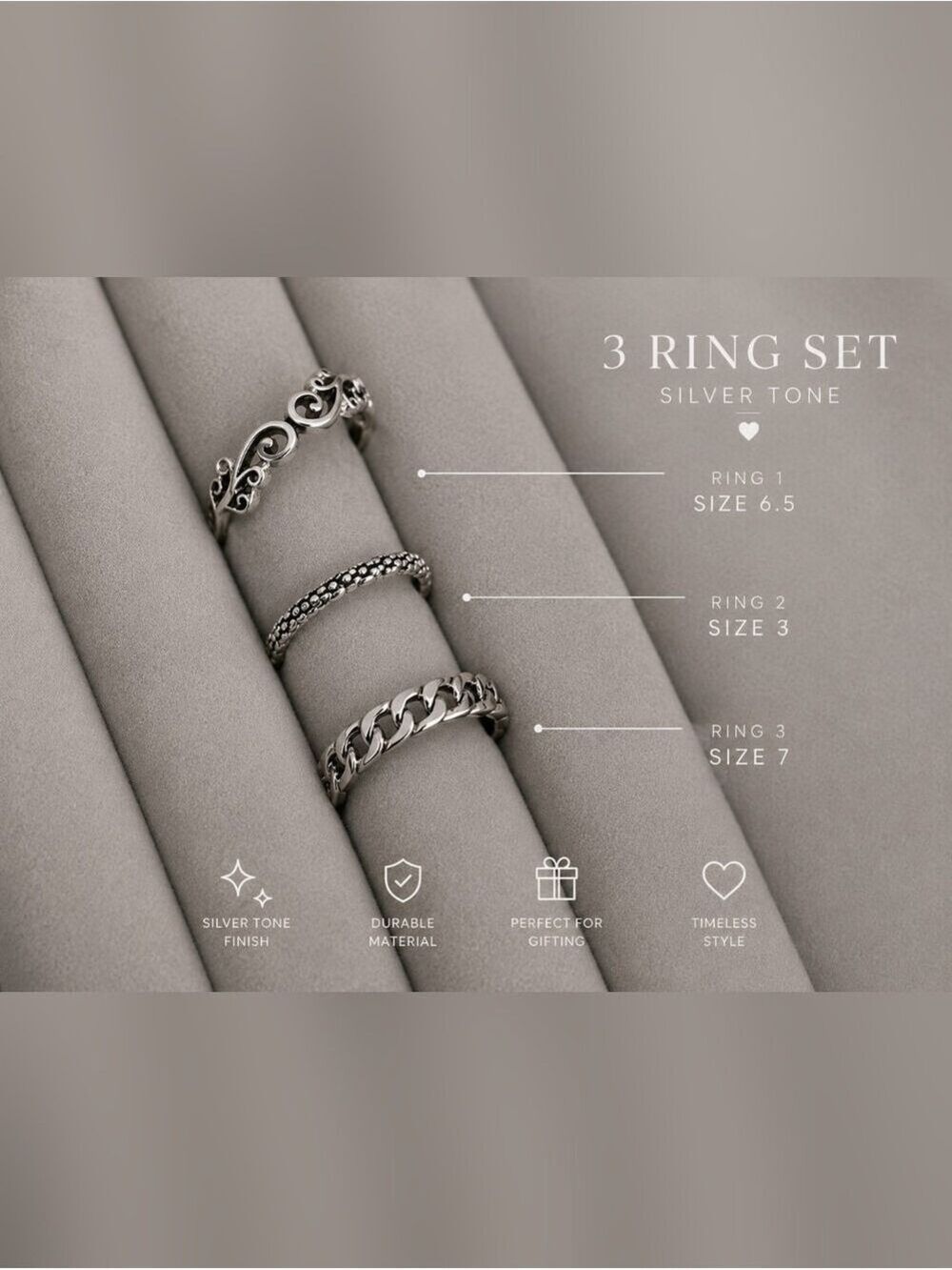 Set of 3 Silver Tone Floral Chain Stackable Rings - Picture 3 of 5